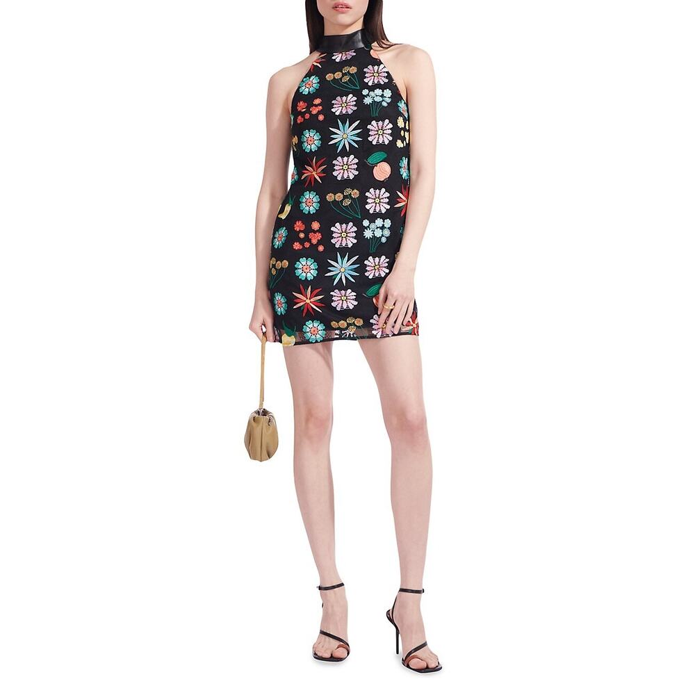 Staud Sicily Black Flower Fruit Embroidered Sleeveless Shift Mini Dress Sz 0 NWT
